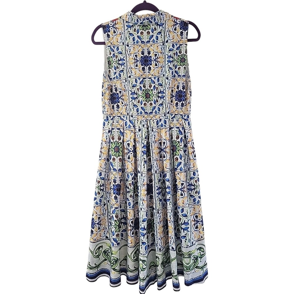Pink Ripple Womens Blue Yellow Tile Floral Print Belted Sleeveless Midi Dress L - Picture 3 of 9
